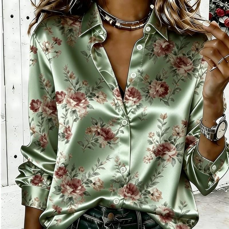 Dames Satin Lange Mouwen Shirt Vintage Roze Bloemenprint Blouse Kraag Enkelrijig Los Kantoor Tops