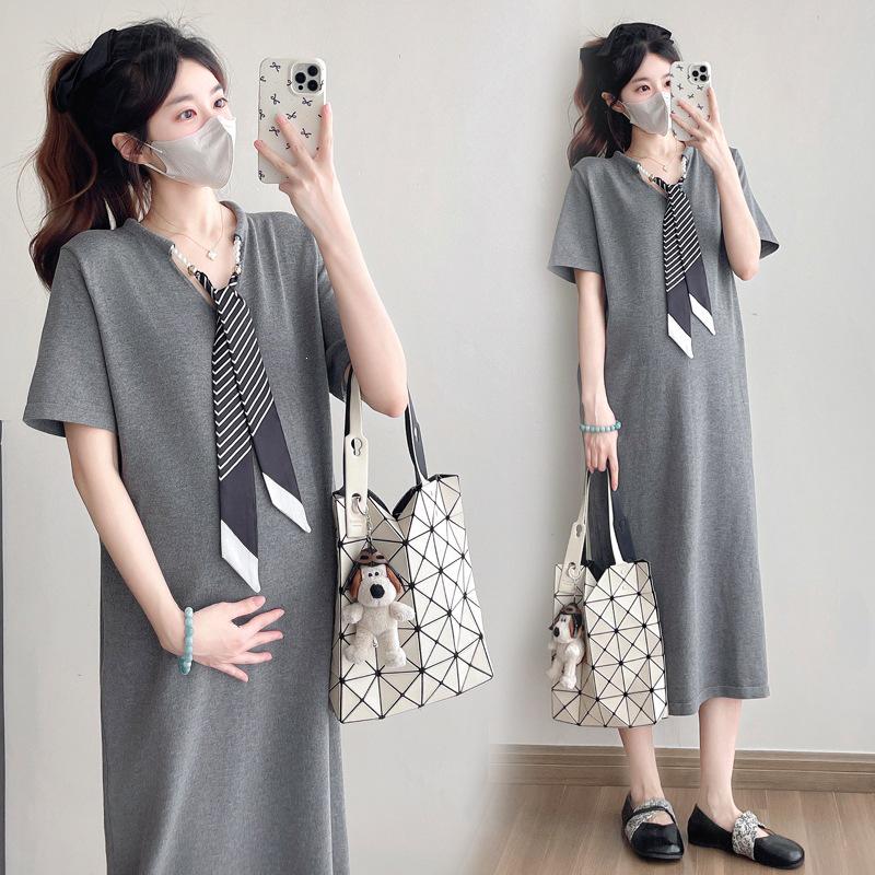 

Genuine Maternity Dress: Summer 2026 Plus Size French Short Sleeve Tie-Up Long Dress XL сірий колір