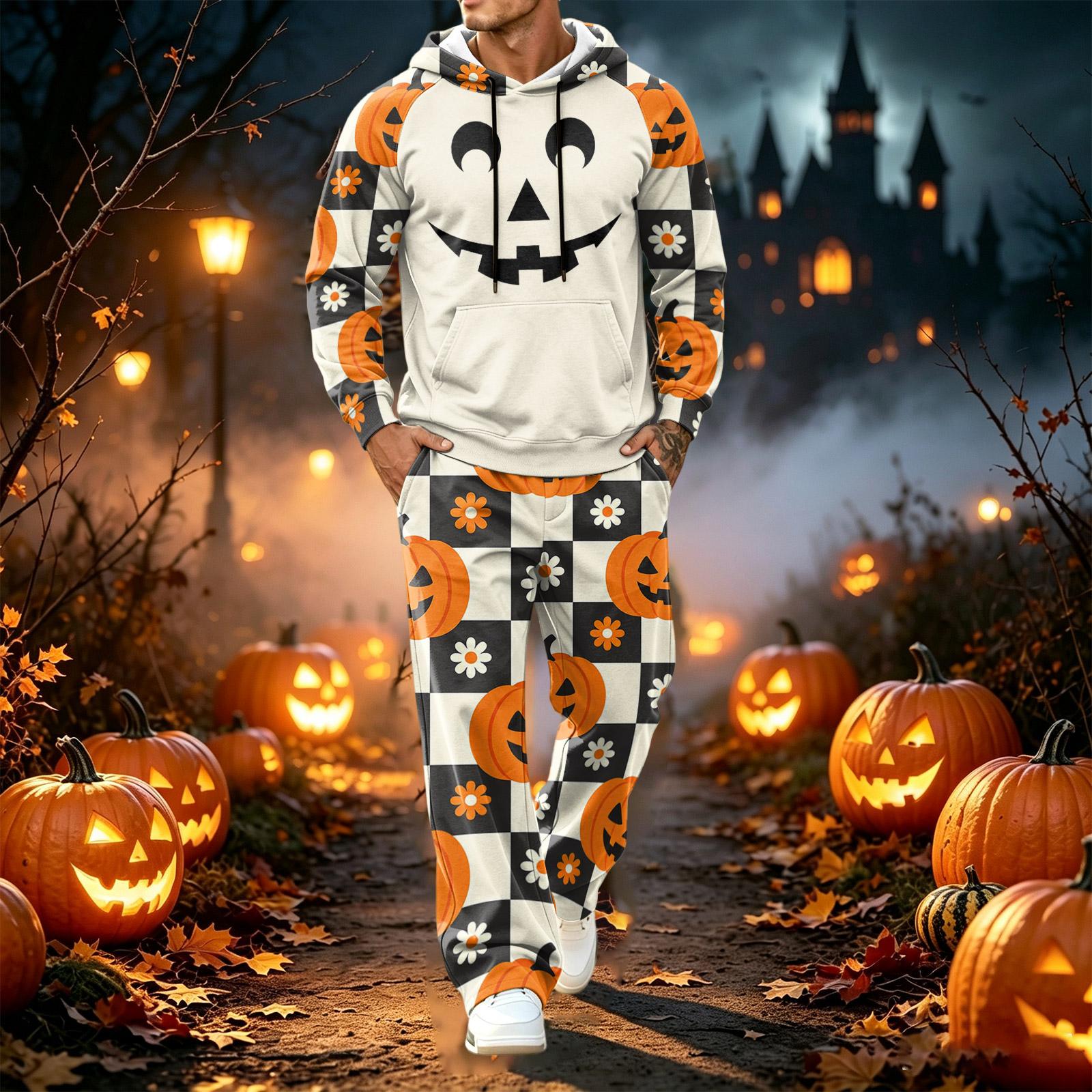 Men s Halloween Print Long Sleeve Hoodie and Jogger Pants 2-Piece Sweatsuit Set S