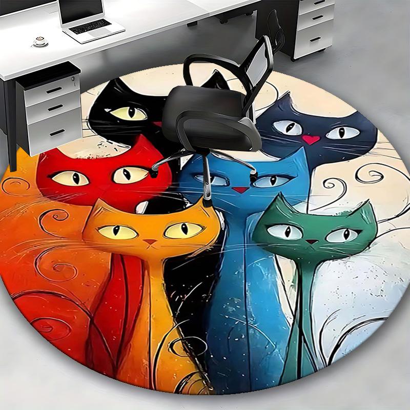 1pc Colorful Cat Faces Round Carpet Anime Design Office Chair Mat, Non Slip Rug for Home Decor