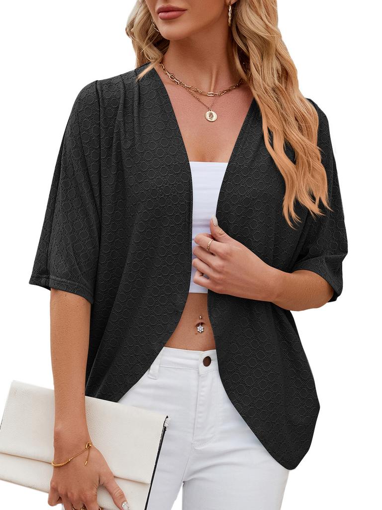 Women's Open Front Three Quarter Sleeve Cardigan Loose Fit Solid Knit Shrug Elegant Casual Hollow Out Kimono Cover Up For Spring Daily Outfit