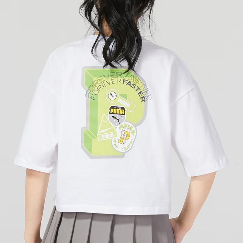 PUMA Letter Logo Print Round Neck Pullover Short Sleeve T-Shirt With Drop Shoulder Women Tops White 623253-02