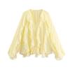 Camisa Casual con Volantes para Mujer Tops Holgados con Cordones y Aberturas en V Blusas de Primavera Ropa para Mujer