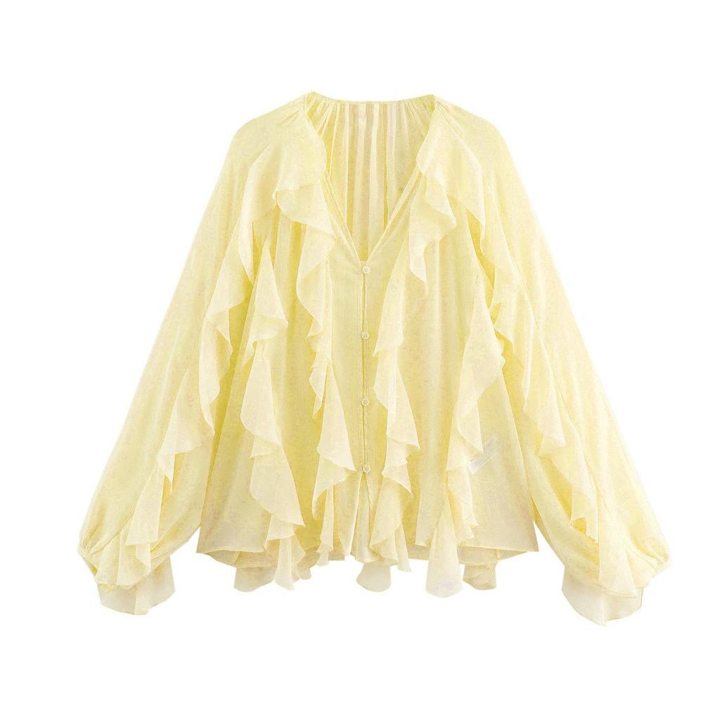 Camisa Casual con Volantes para Mujer Tops Holgados con Cordones y Aberturas en V Blusas de Primavera Ropa para Mujer
