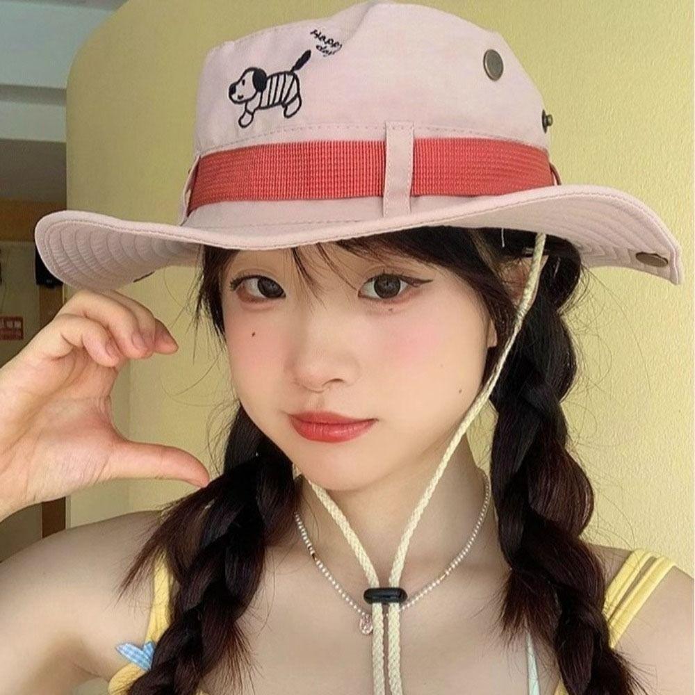Big Brim Western Cowboy Hat Visor Sunscreen Fisherman Hat Retro Puppy Bucket Hat  Women