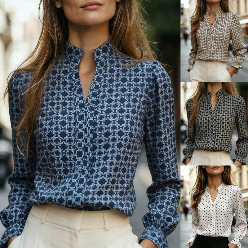 Women S Vintage Printed V Neck Long Sleeve Casual Blouse
