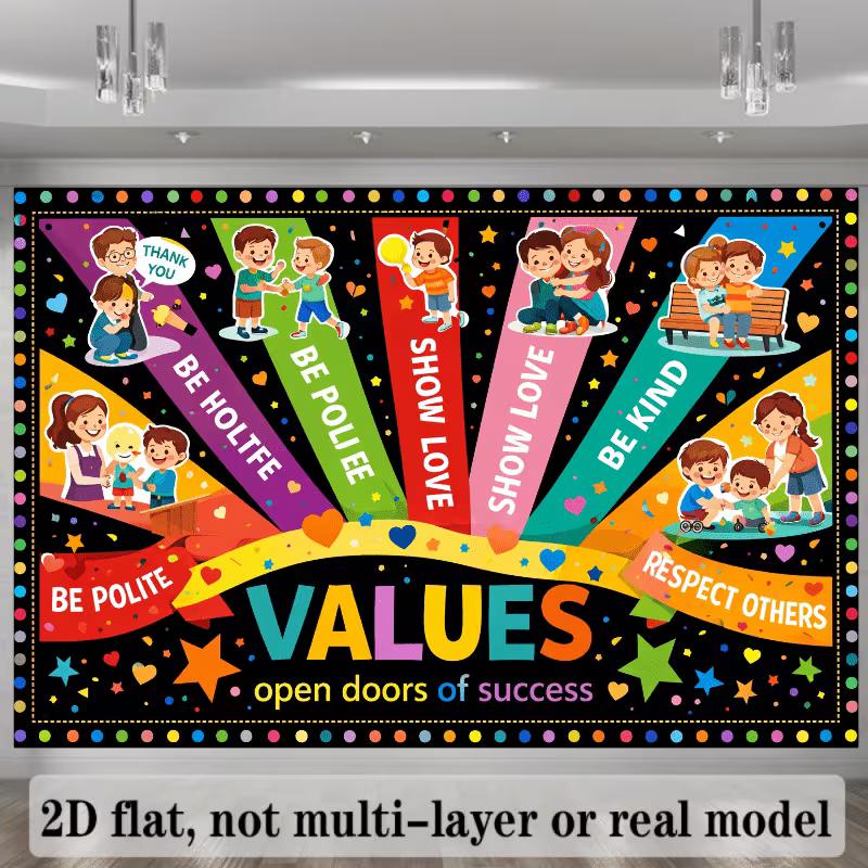 2D Positive Values Backdrop, Kids School Classroom Character Education Photo Booth Banner