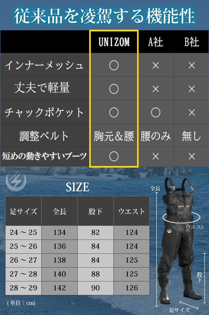 [unizom] [Von erfahrenen Anglern empfohlen / In Zeitungen vorgestellt] Watthose mit Filzstollen, langem Bund und Innennetz. Vollständig wasserdicht, Langlebig