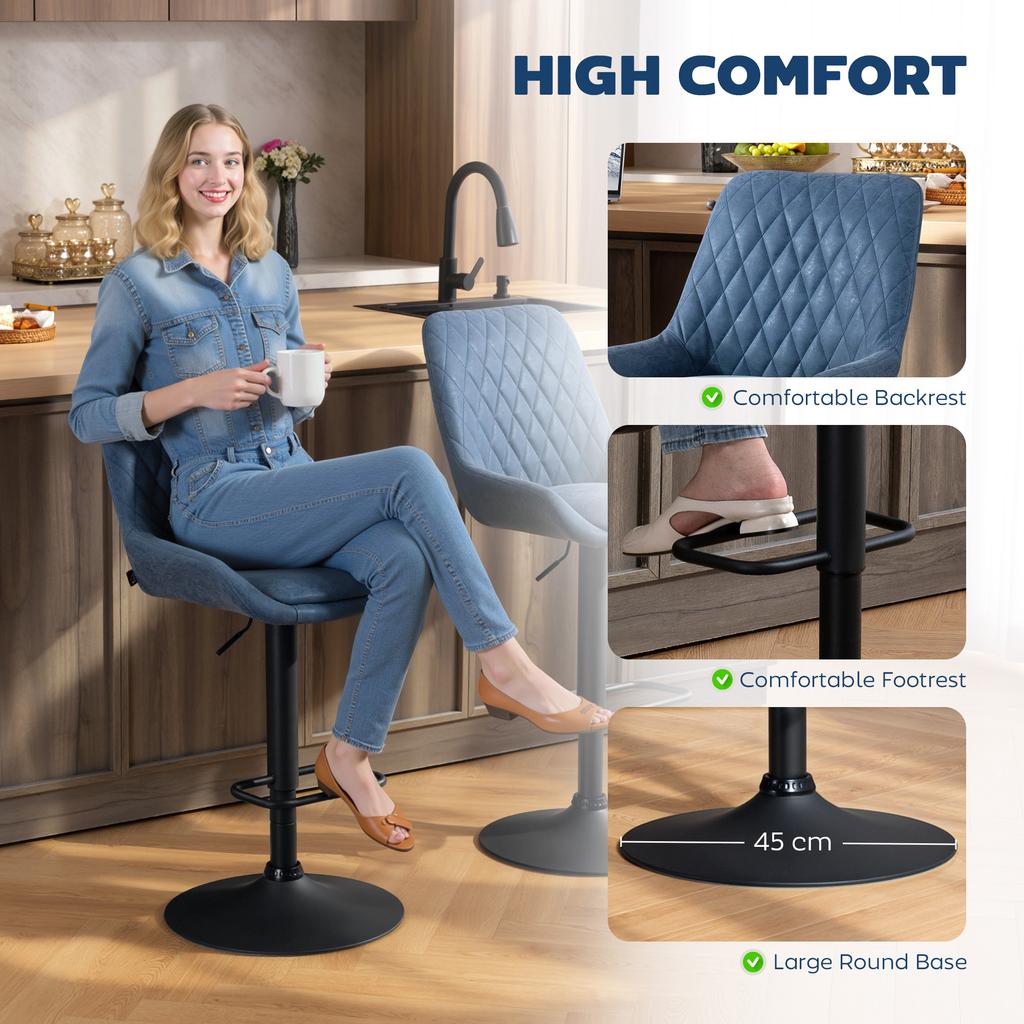 Set Of Two Faux Leather Retro Bar Stools Dark Blue