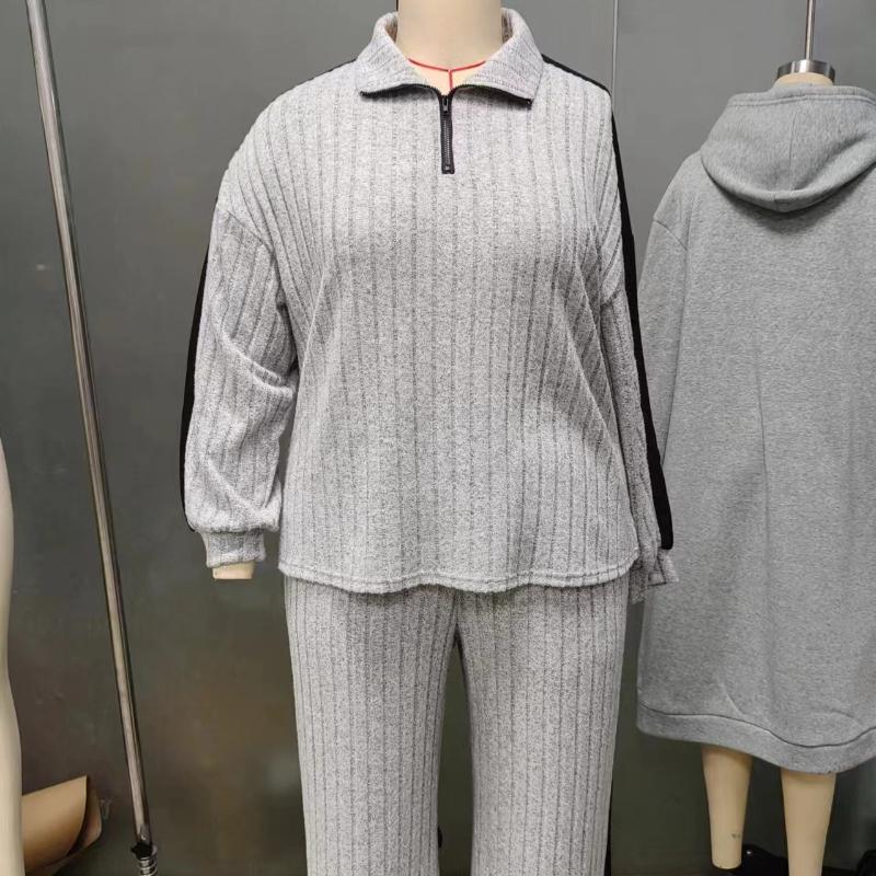 2-teiliges Damen-Oberteil-Hosen-Set Halber Reißverschluss Stehkragen Langärmeliges Sweatshirt Elastischer Bund Weitbeinige Sweatpants Sport-Outfit