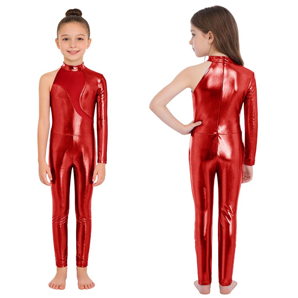 Girls Stage Performance Jumpsuit: Asymmetrical Metallic Mock Neck Mesh Patchwork Back Invisible Zipper Bodysuit Dancewear