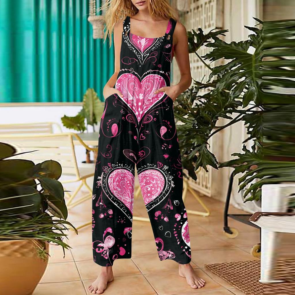 Damen Herzförmiger Print Lässige Lockere Retro Overalls Baumwolle und Leinen Einteiler Hose
