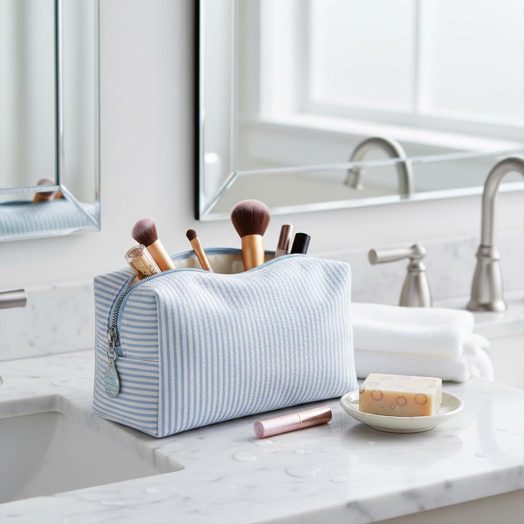 Striped Embroidery Makeup Bag Travel Toiletry Organizer with Bubble Print Waterproof Portable Multi-Compartment