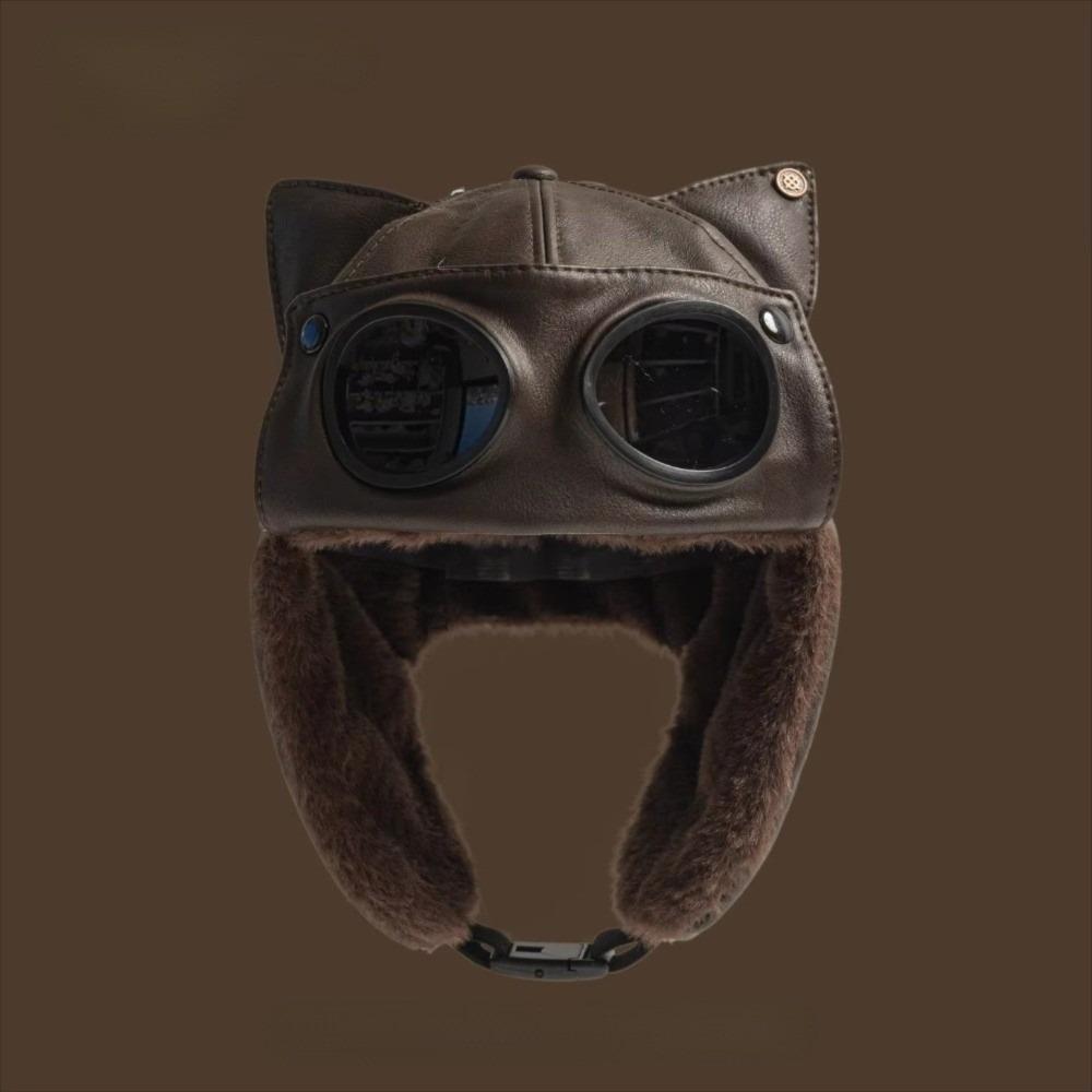 

Fashion Retro Bomber Hat Plus Fluff Velvet Lining Pilot Hat Windproof PU Leather Riding Hat Unisex
