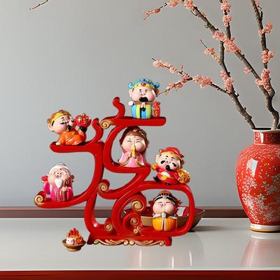 6 Pieces Fortune Gods Figurines with Offerings Fengshui Ornament Spring Festival Decoration