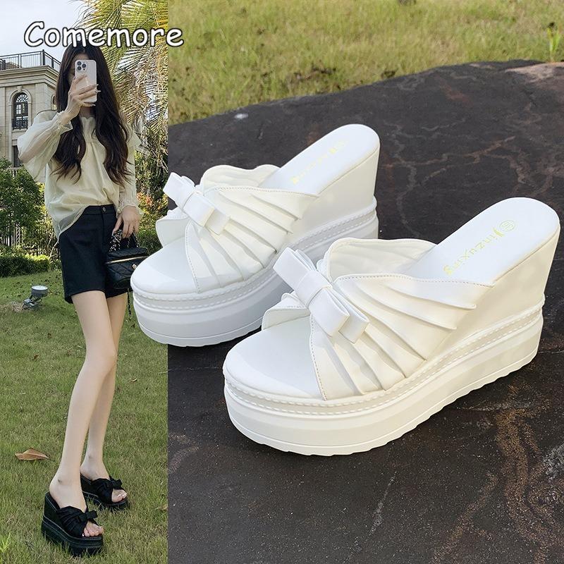 10CM Wedge High Heel Sandal Platform Chunky Sole Bow White Fashion Peep Toe Slippers for Women Beach Party Shoes Sandalias Mujer
