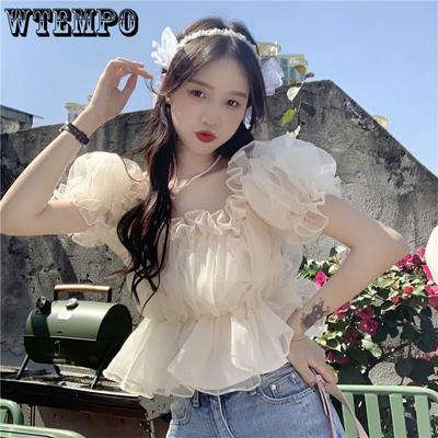 Brand Short Bubble Sleeve Square Collar Chiffon Shirt Women's Summer Design Sense of French Two Wear Short Sleeve Tops