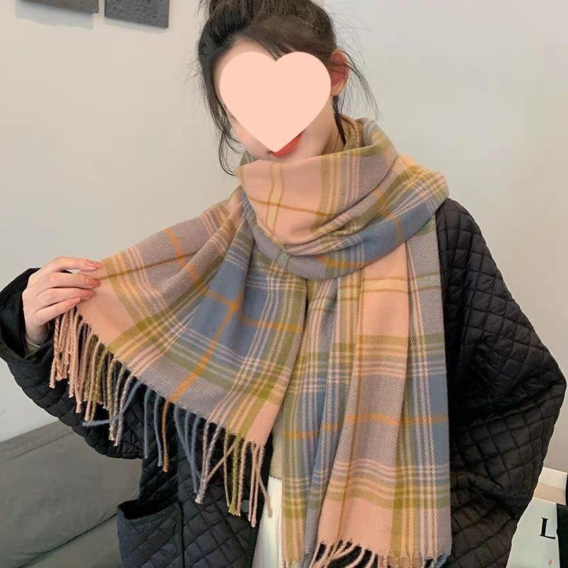 Korean Style Plaid Double-Sided Warm Thick Scarf for Couples and Students, Versatile Autumn/Winter Neck Warmer Shawl