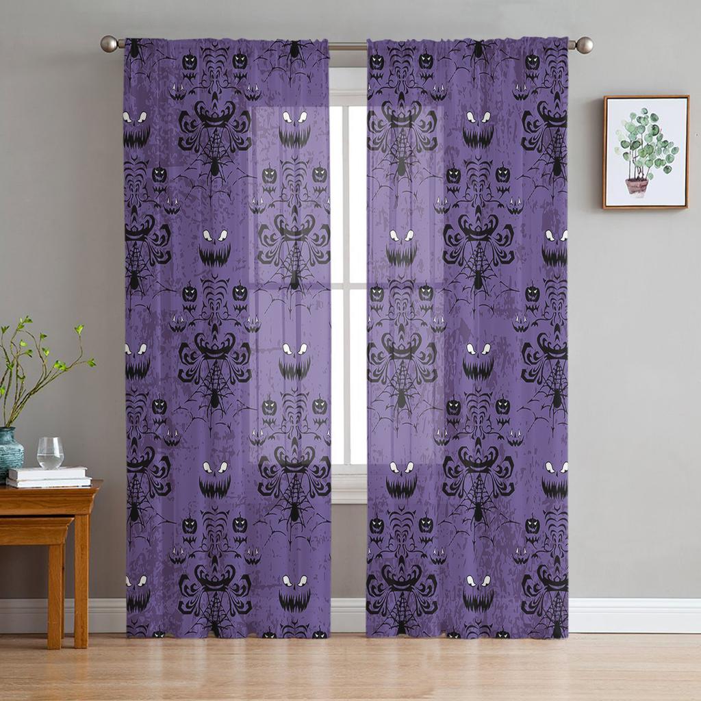 Halloween Haunted Mansion Purple Black Tulle Window Curtains Living Room Organza Sheer Voile Curtain Bedroom Kitchen Home Decor