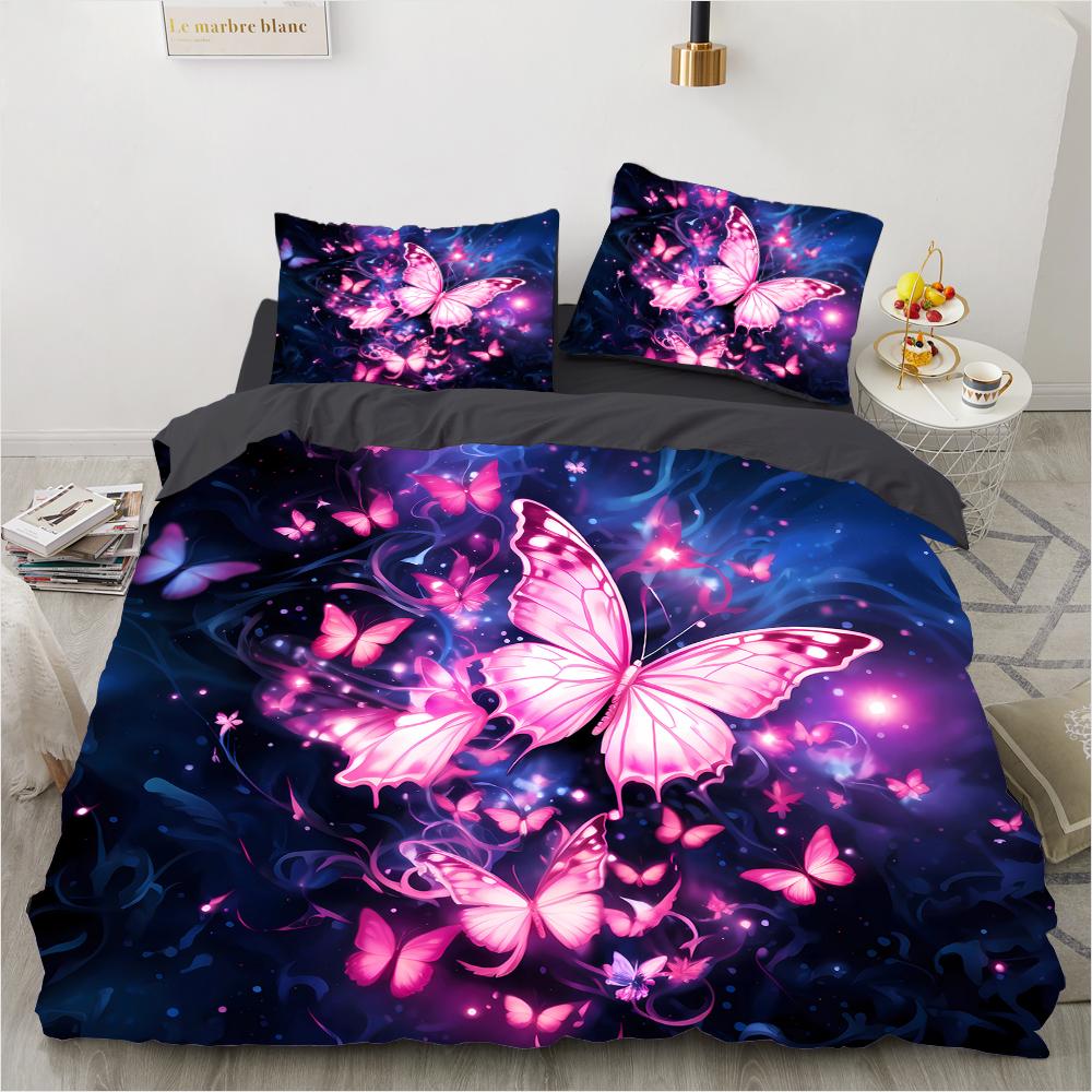 Padrão colorido retrô de borboleta com impressão 3D (conjunto de três peças) conjunto de cama de casal queen size fronha edredom