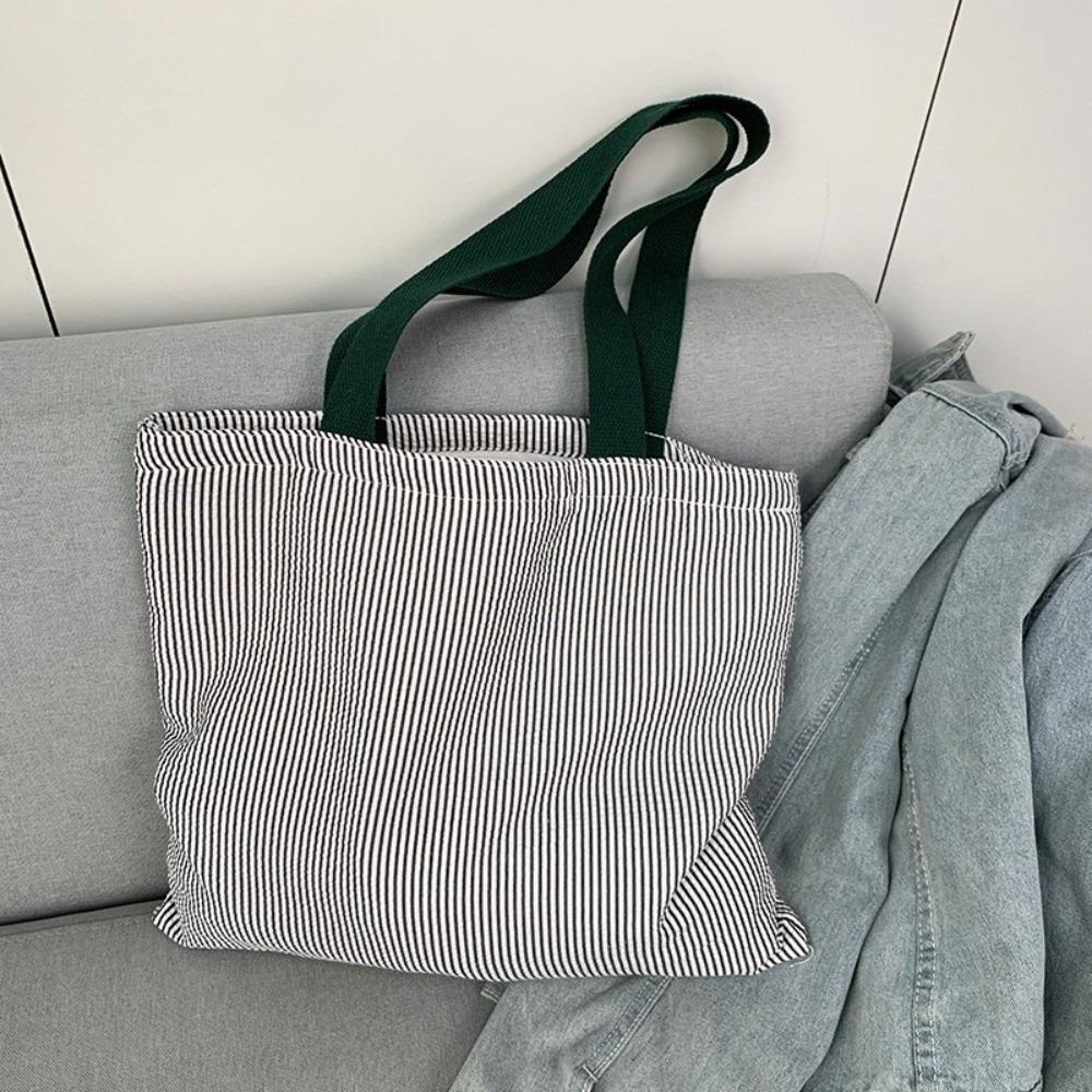 Stripe Contrast Color Canvas Shoulder Bag Simple Design Vintage Style Zipper Handbags Large Capacity Patchwork Shopping Bag