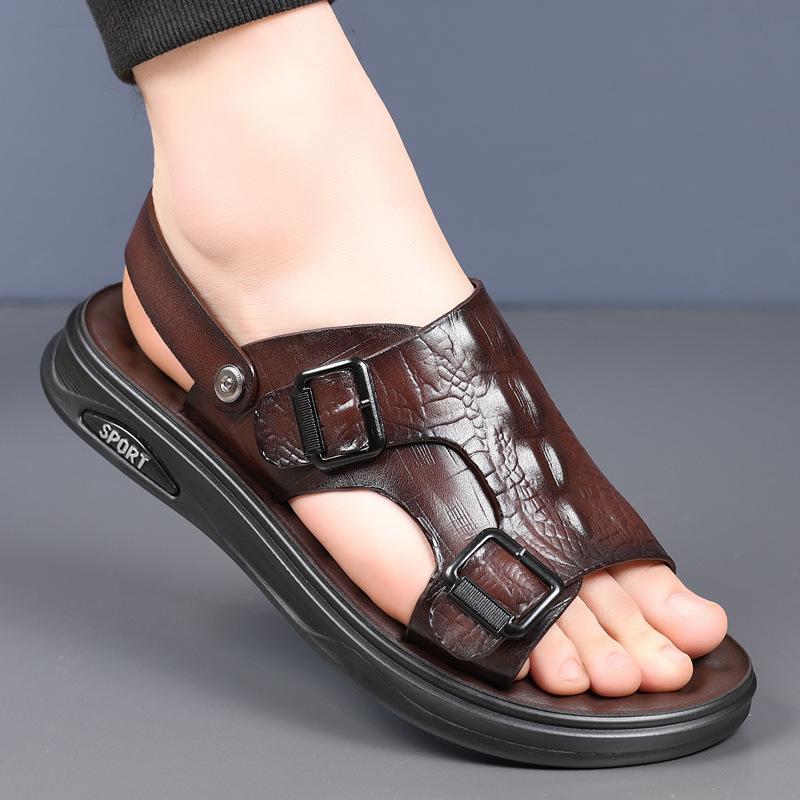 Moda 2025 Lato Nowe Męskie Skórzane Sandały Peep-toe Modne Codzienne Buty Plażowe Męskie Dwufunkcyjne Młodzieżowe Klapki Buty Mężczyzna