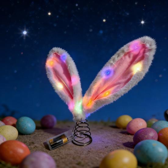 Easter Rabbit Ear Tree Topper with LED Light Plush Bunny Ears Christmas Tree Top Decoration with Metal Spring Easter Home Holiday Party Ornament
