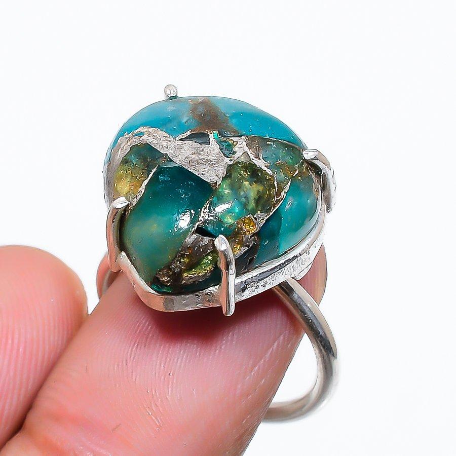 

Copper Green Turquoise Gemstone 925 Sterling Silver Jewelry Ring Size Adj. GK-6081
