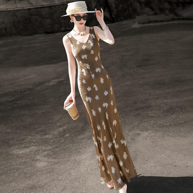 Women s French Floral V-neck Sleeveless Maxi Dress M