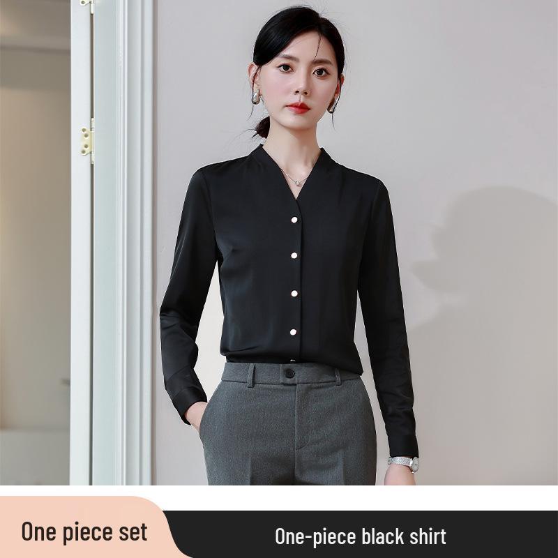 Women's Retro Hong Kong V-Neck Chiffon Shirt - Long Sleeve, Loose Fit, Stylish Workwear for Spring/Autumn
