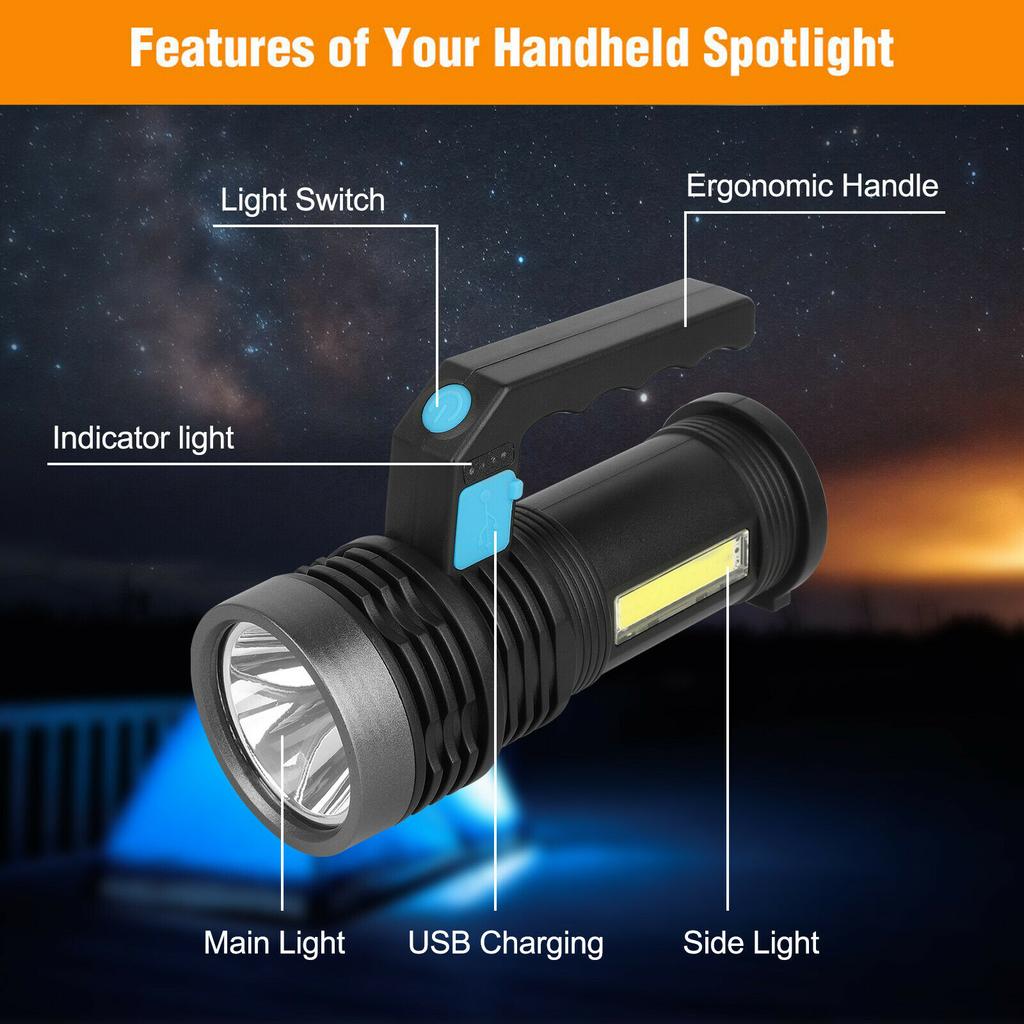 Handheld Flashlight 4 Modes Portable Rechargeable Ip44 Waterproof Super Bright Led Searchlight Spotlight