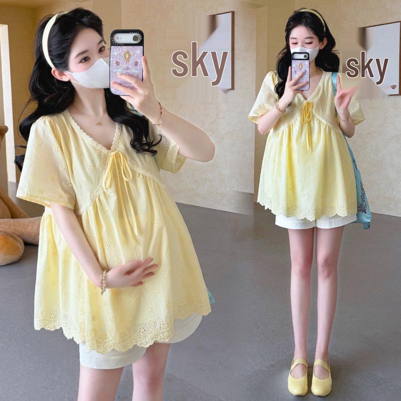 2026 Summer Korean V-Neck Lace Embroidered Doll Top + Tummy Support Shorts 2XL