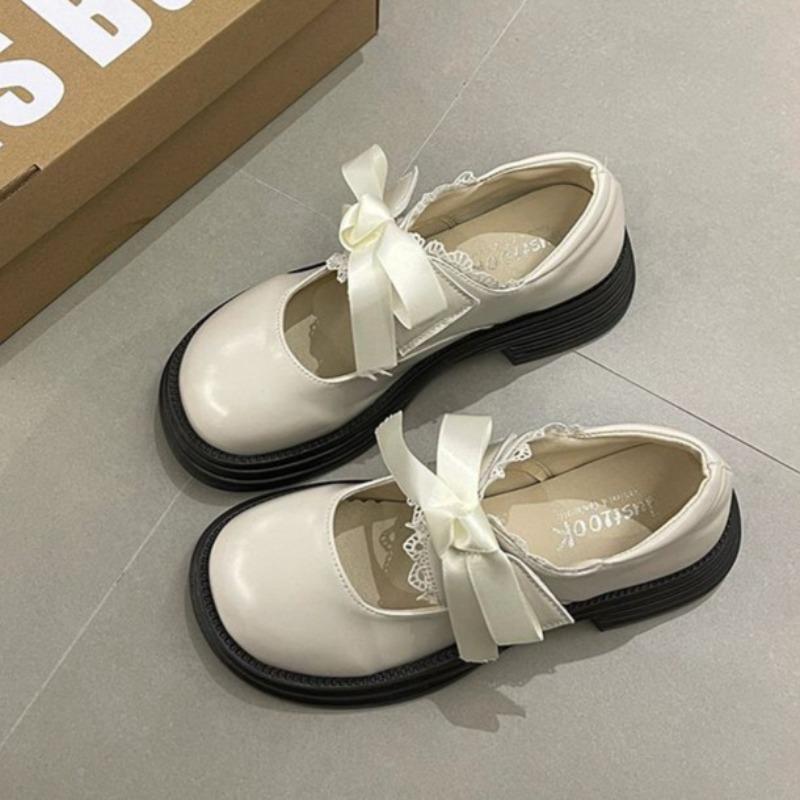 Bowknot Small Leather Shoes for Women, Summer Lace Thick-soled Mary Jane Round-toed Jk Loafers,Cute Shallow Opening Single Shoes