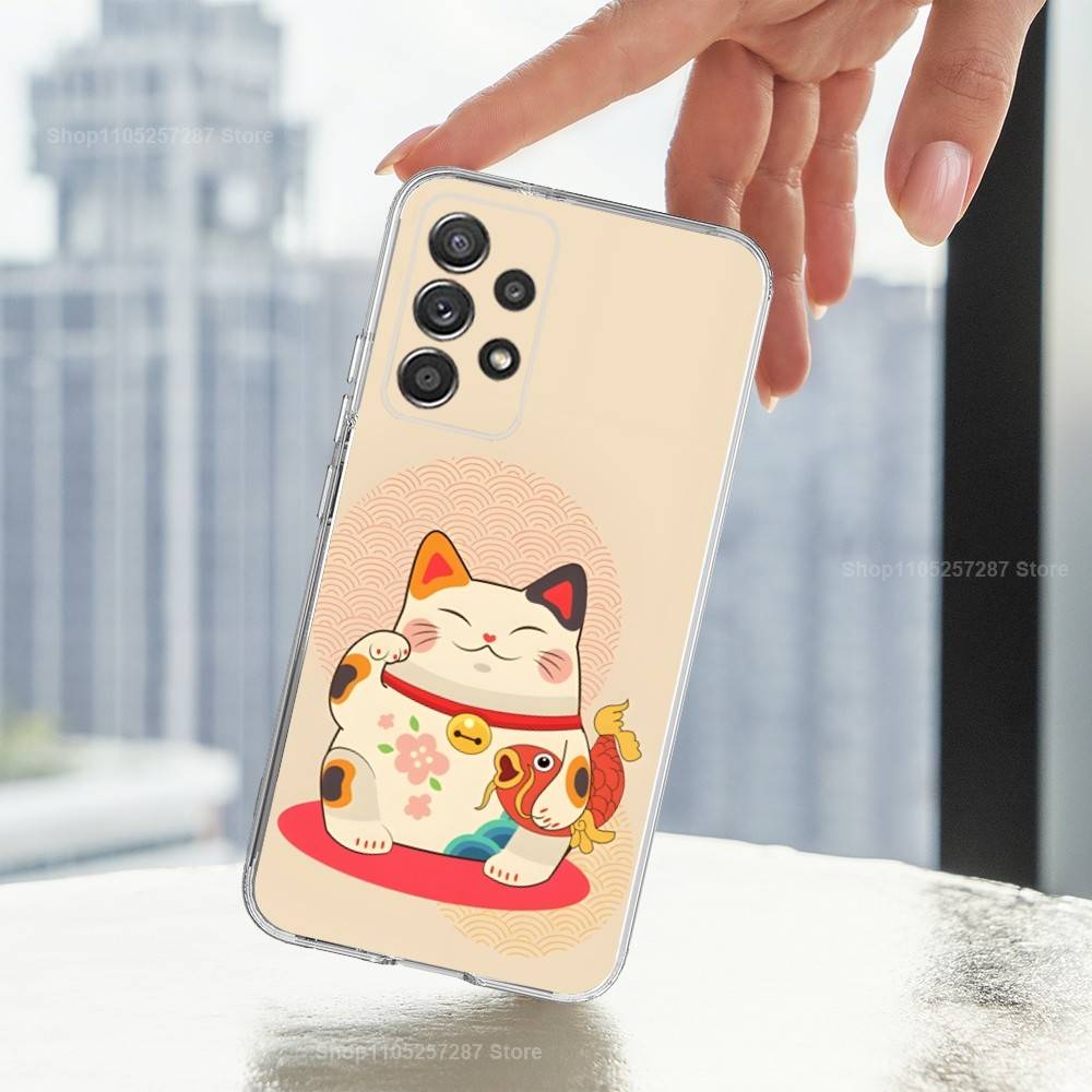 Cartoon Lucky Cat Cute Art Phone Case For Samsung A51,71,30,S21,10,20,Ultra,FE,Lite, S22,23,9,PIus,Transparent, Silicone