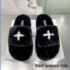 2024 High-Version SMF-K Fur Slippers: Thick-Soled Leather & Velvet Cross Design in Black/Gray