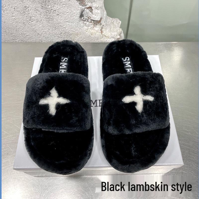 2024 High-Version SMF-K Fur Slippers: Thick-Soled Leather & Velvet Cross Design in Black/Gray
