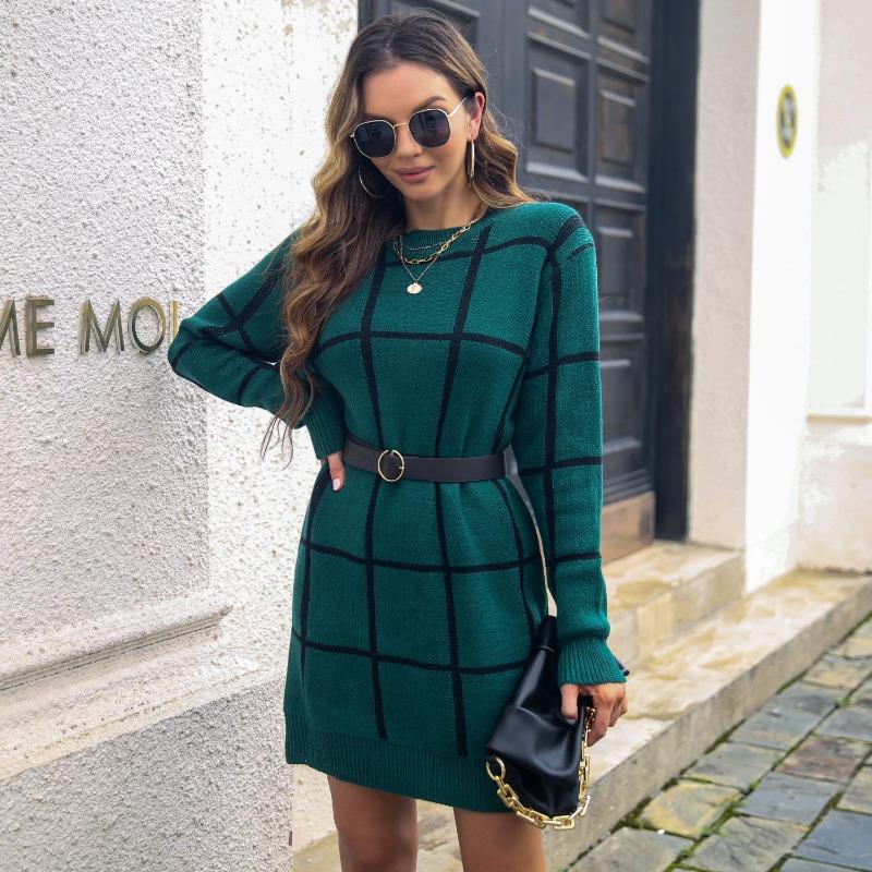 Women Fall Winter New Contrast Color Plaid Long Sleeve Sweater Bottoming Loose Knitted Dresses S-L