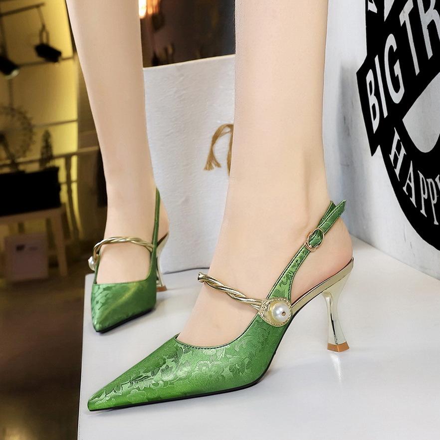 

Мода 2024 Новые туфли-лодочки с металлическим высоким каблуком, острым носком, вырезом на щиколотке, одним ремешком и жемчужной спинкой 37 зелёный