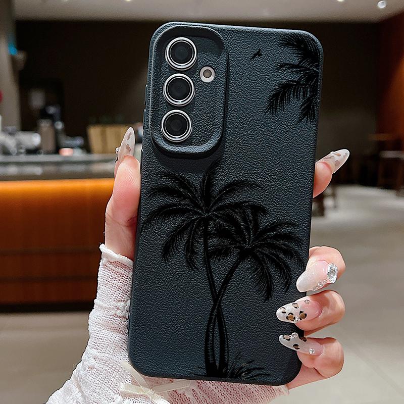 

Мягкий тонкий чехол TPU с узором в виде кокосовой пальмы для Samsung S25 S24 FE S23 Ultra S22 S21 A16 A56 A36 A55 A15 с текстурой кожи, противоударный матовый чехол для телефона Samsung A15 чёрный