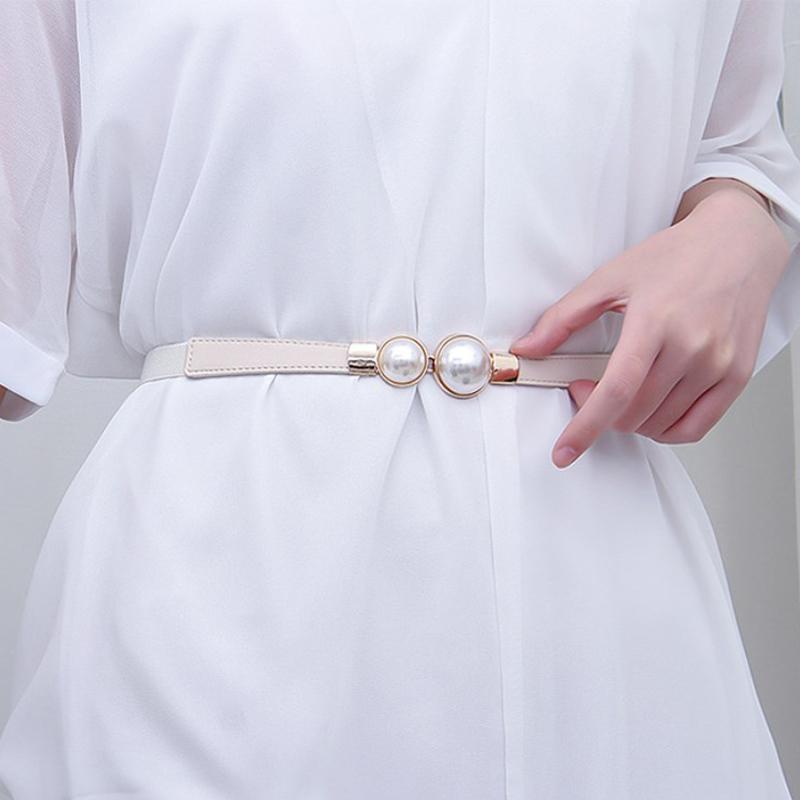 Creative Pearl Buckle Belt Pu Leather Dress Skirt Waist Elastic Thin Women Belts Ladies Waistband