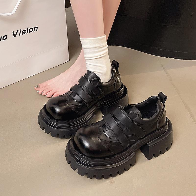 European genuine leather muffin platform small leather shoes women's British style round head derby shoes small heightening loafers single shoes