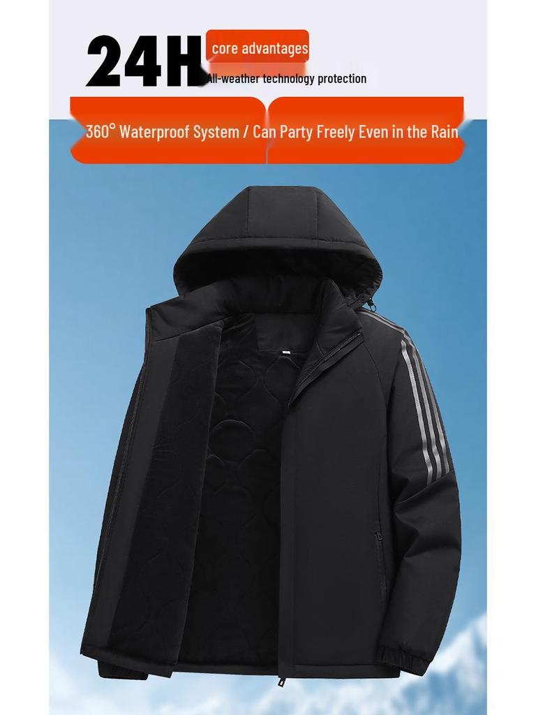 Men's Hooded Cotton Jacket - Windproof, Thickened, Three Stripes, Plus Velvet, Large Size Outerwear for 2025 Autumn/Winter.