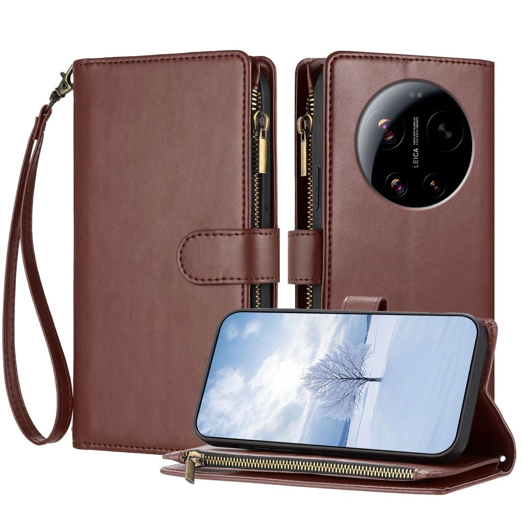For Xiaomi 17 Ultra 5G Leather Case Zipper Wallet Stand Shockproof Phone Cover with Wrist Strap