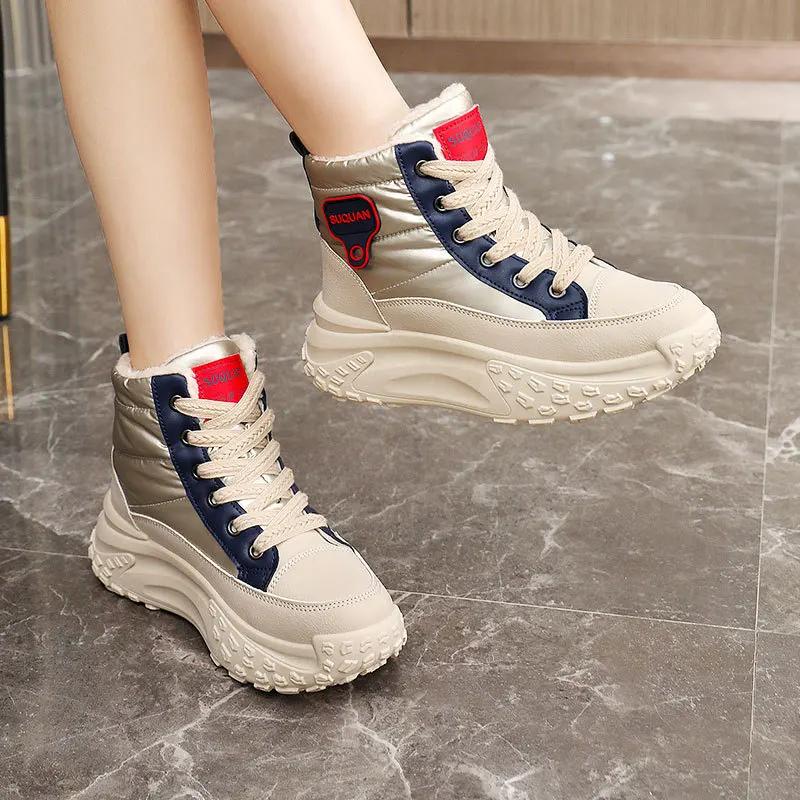 Women Causal Sneakers Female Winter Fashion New Warm Thick Sole Increase Cotton Shoes Lace Up Thick Soled Non-slip Sports Shoes
