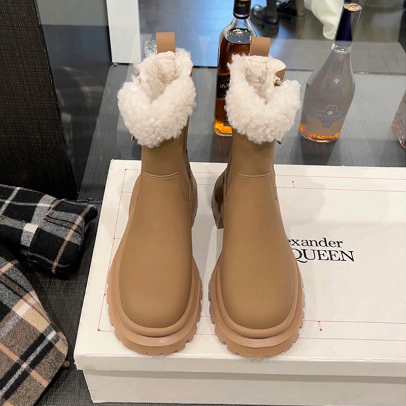 Winter new lamb wool side zipper piled thickened thick heel platform short boots women's fluffy snow boots Martin boots