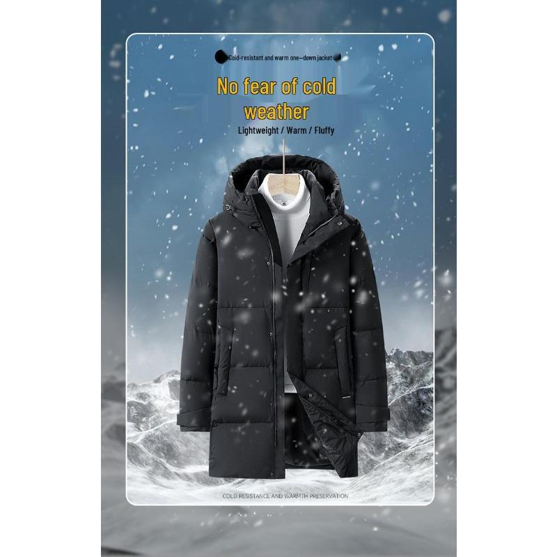 Men's Mid-Length Hooded Black Down Jacket - Thickened Winter White Duck Down Coat for Warmth