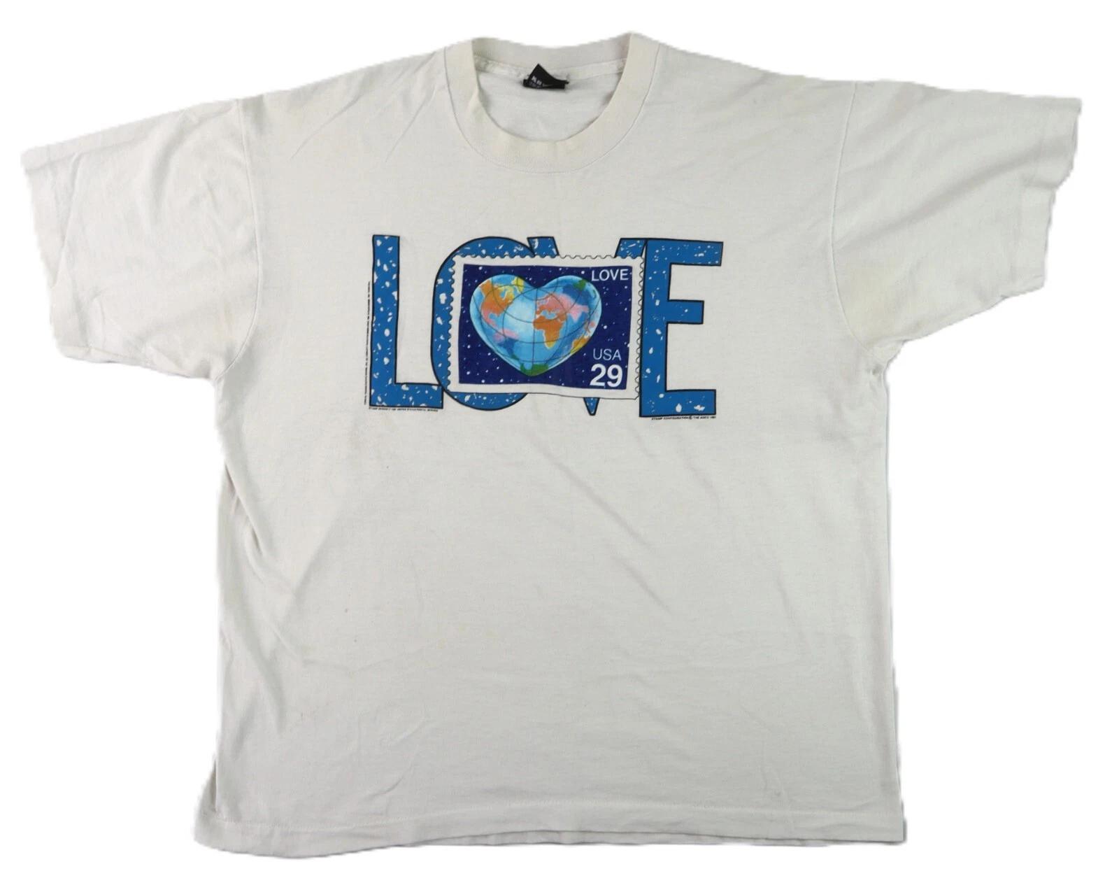 VTG 1991 USA Adult XL Love Heart Earth Stamp Postal Crew Neck White T-Shirt S
