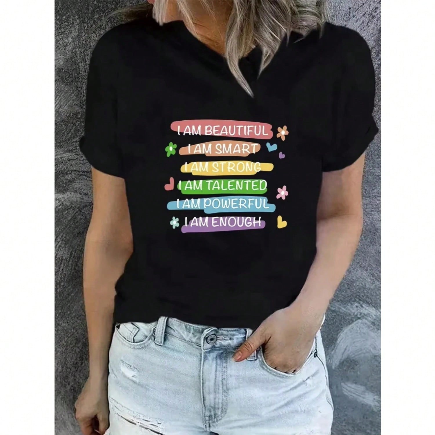 Colorful Letters Streetwear Plus Size T Shirts Wounisex Fashion Casual I Am Beautiful Smart Talented Strong Enough S разноцветный