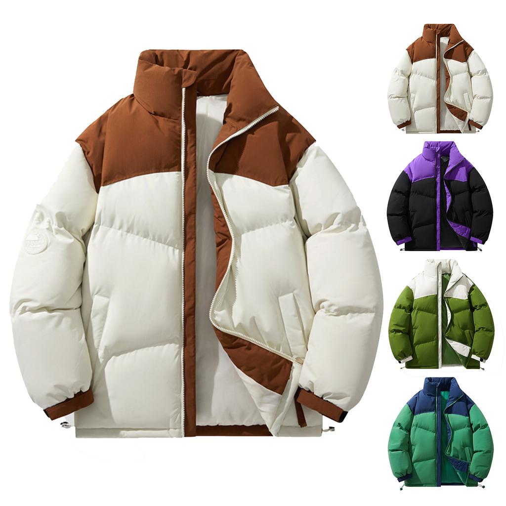 Men's Casual Solid Color Patchwork Color-blocking Cotton-padded Jacket, Men's Thickened Stand-up Collar Breadshirt Cotton-padded Jacket