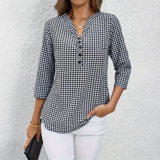 Dámská košile s výstřihem do V, na knoflíky, s polovičním zapínáním, 3/4 rukávy, ležérní topy, volný střih, kostkovaný vzor, dojížděcí styl, letní košilové topy